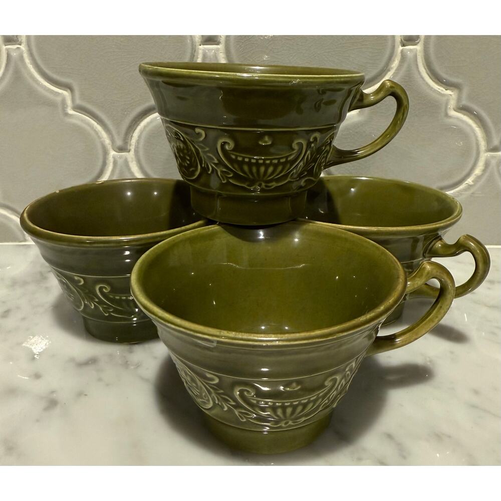 1968 MCM 4 Vintage Regency Ironstone Canonsburg Pottery Green COFFEE / TEA CUPS